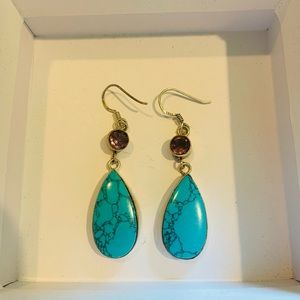 Turquoise Amethyst Silver Drop Earrings, 2in.